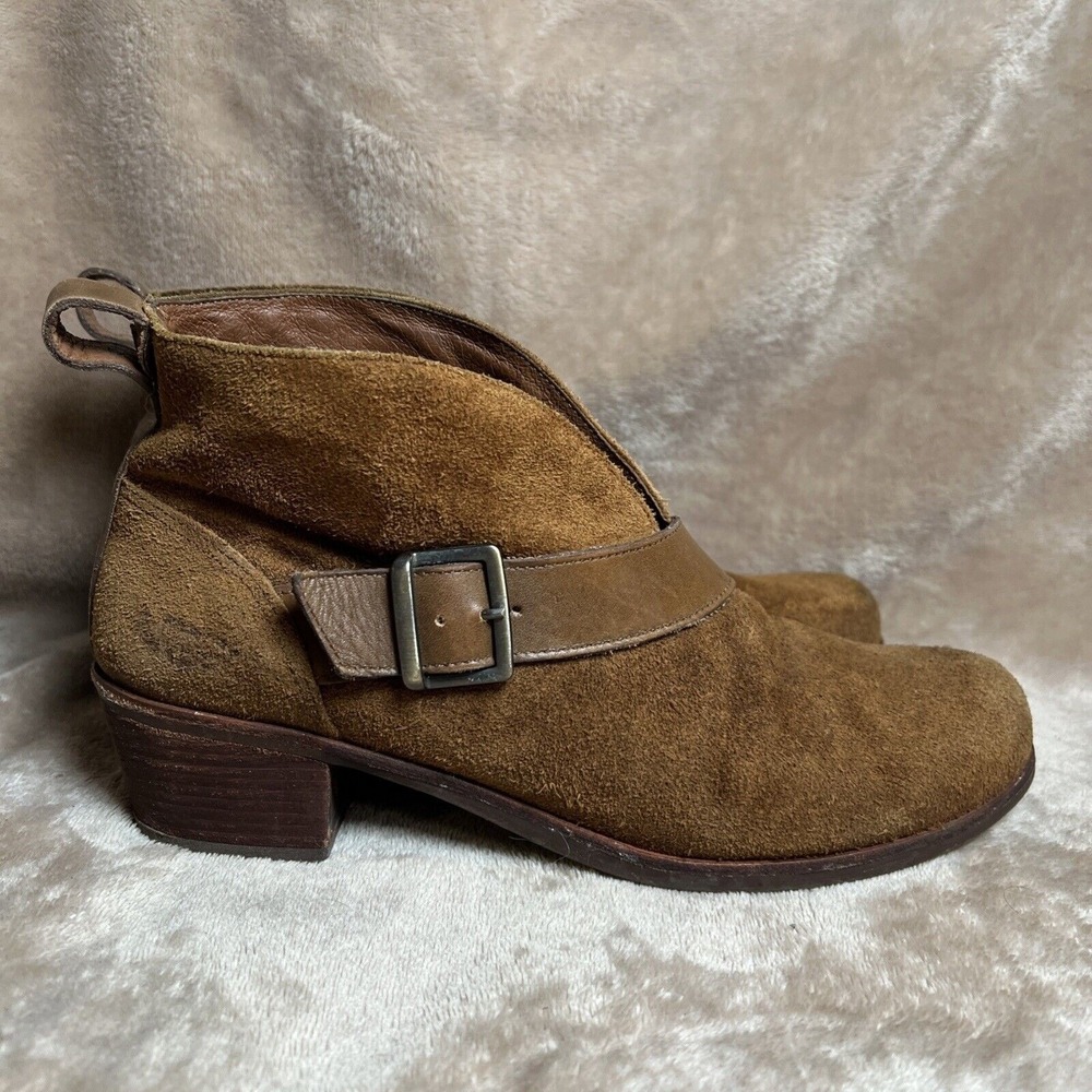 UGG Ankle Boots Women 8 Brown Suede Buckle Block Heel Moto Cozy Core Rustic Fall